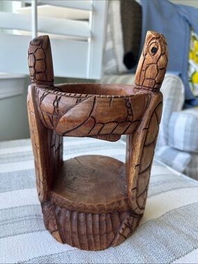 Source Unknown Brown Carved Wooden Turtle Planter Stand